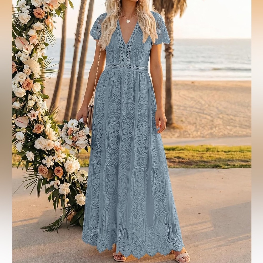 MEROKEETY V Neck Short Sleeve Floral Lace Wedding Dress A Line Boho Maxi Dress - Picture 3 of 9